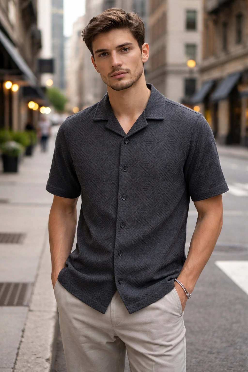 Men's Open Collar Textured Knit Half Sleeve Cotton Blend Casual Shirt