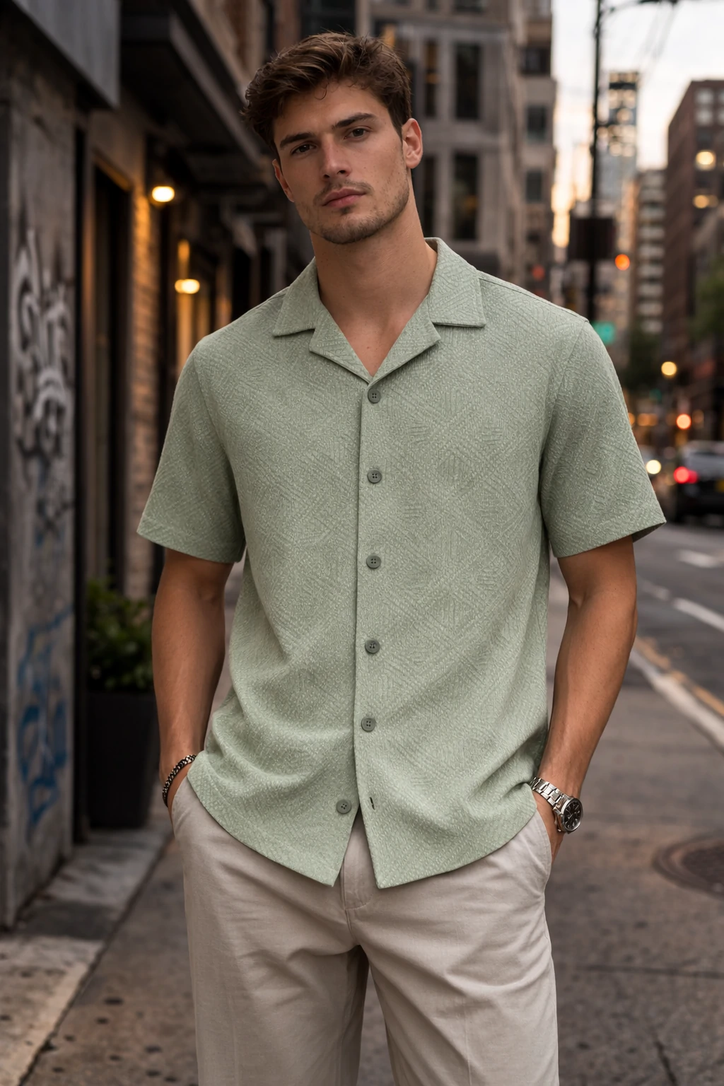 Men's Open Collar Textured Knit Half Sleeve Cotton Blend Casual Shirt - K-EF26