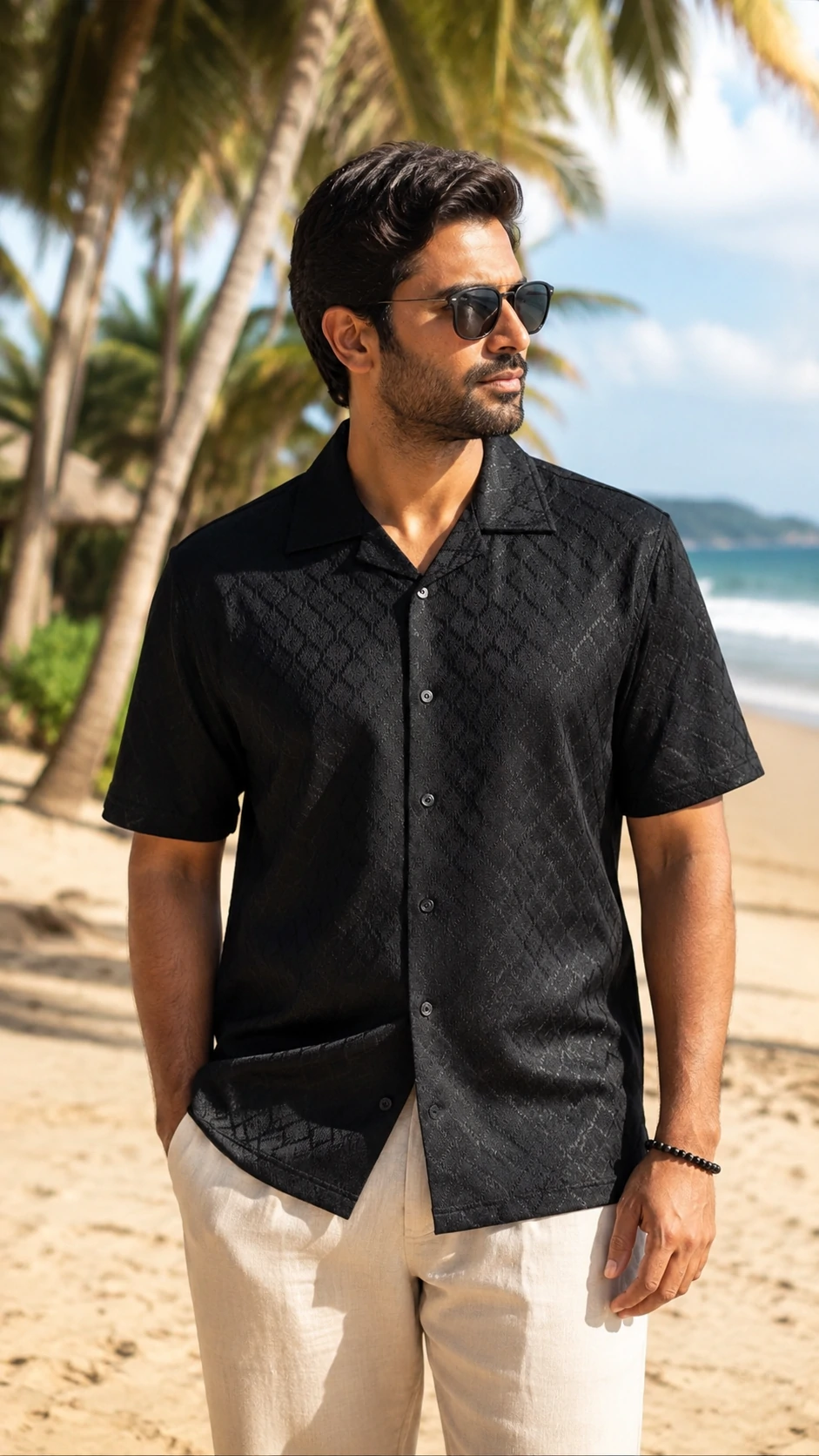Men’s Luxury Black Textured Knit Shirt – Open Collar