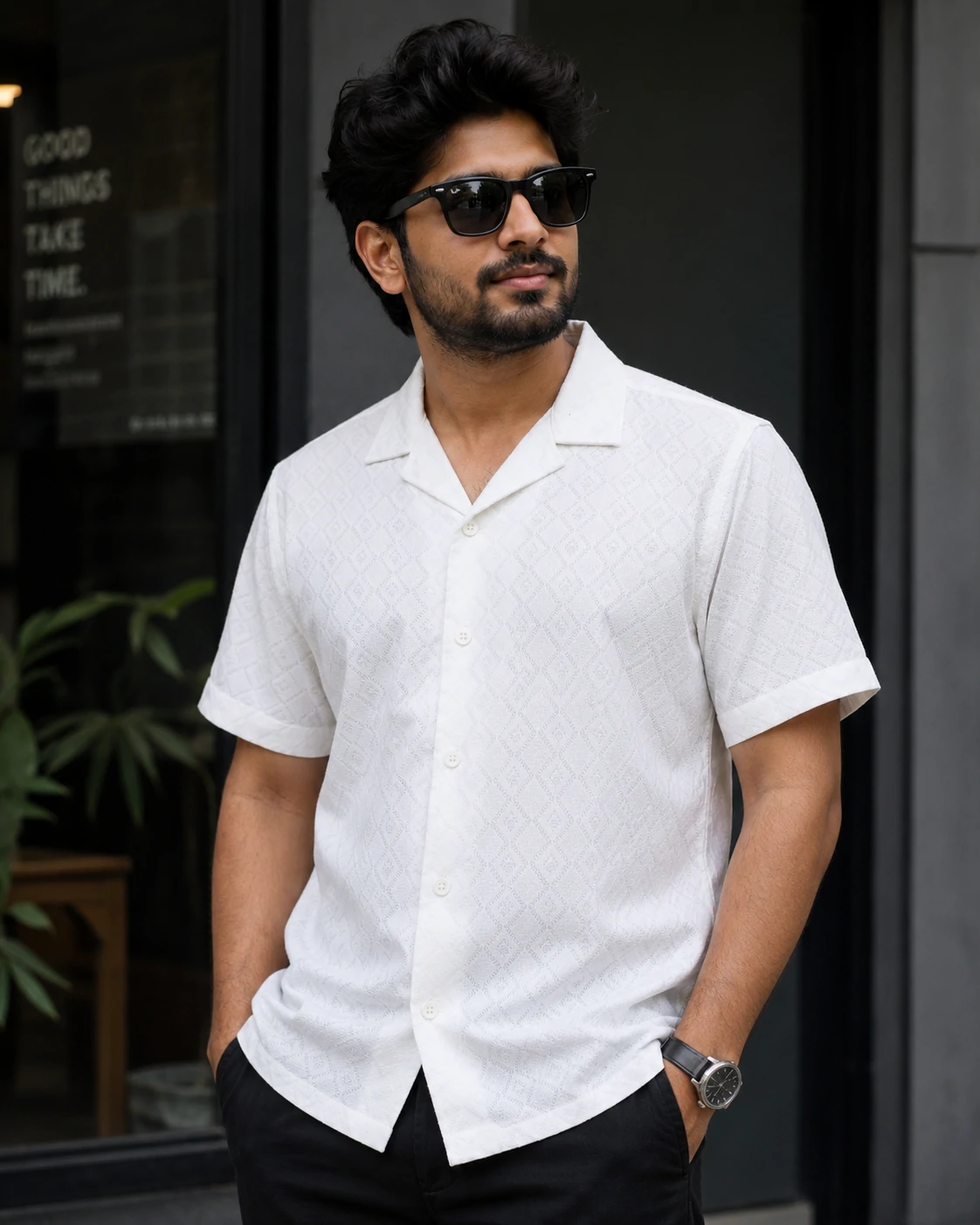 White Textured Open Collar Shirt – Premium Collection